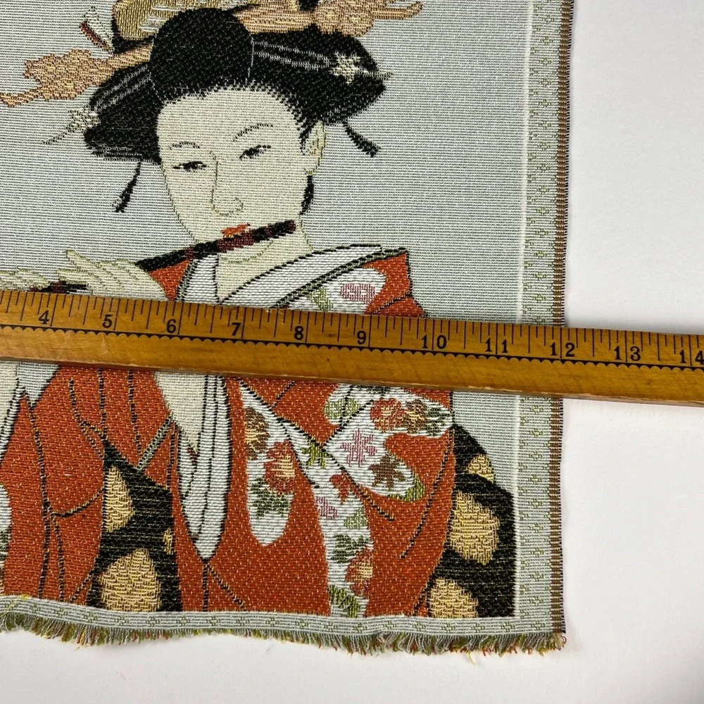VTG Japanese Geisha Woven Tapestry Art Unisex 13x12 Manga Flute Decor Minimal